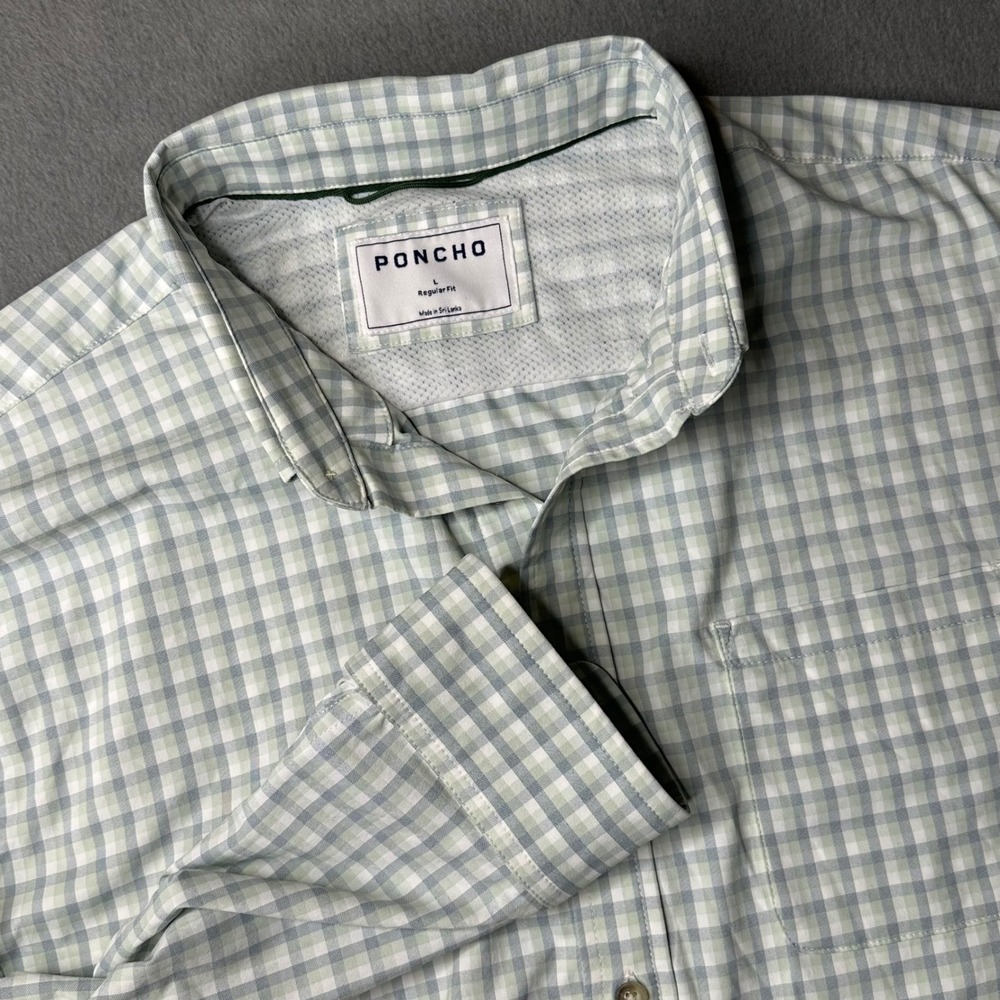 Poncho Button Down Shirt Men Large Green Gingham Titos Vodka Outdoor Performance